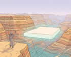 A lone hooded figure stands on a desert plateau facing a large glowing rectangular slab of light that hovers perfectly still in front of a vast layered sandstone canyon