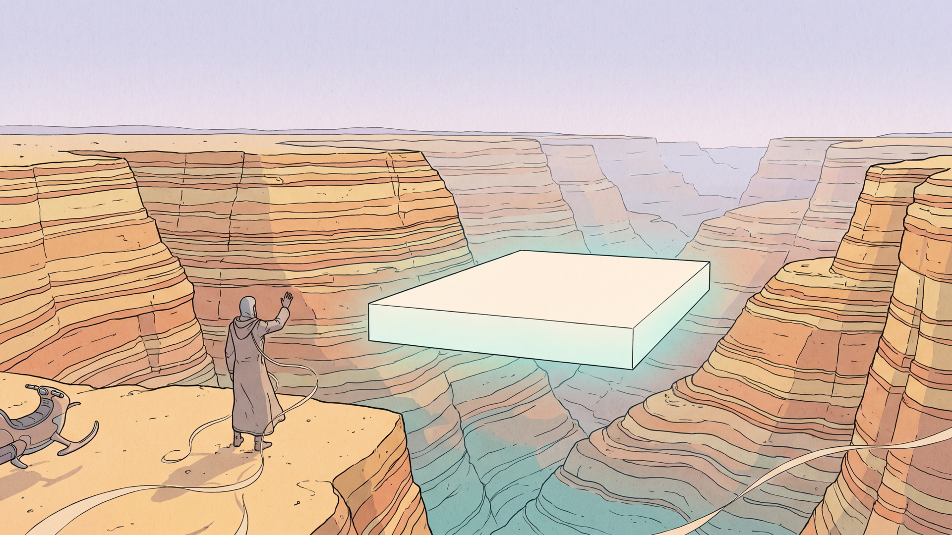A lone hooded figure stands on a desert plateau facing a large glowing rectangular slab of light that hovers perfectly still in front of a vast layered sandstone canyon