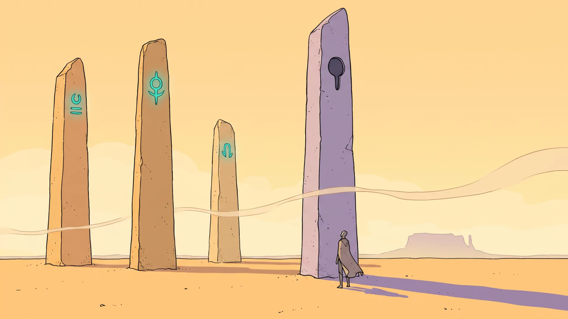 Four tall stone monoliths on a desert plain, the three on the left lit warm by the sun and each carrying a small glowing mark, the fourth standing in cool shadow with its mark dark and empty