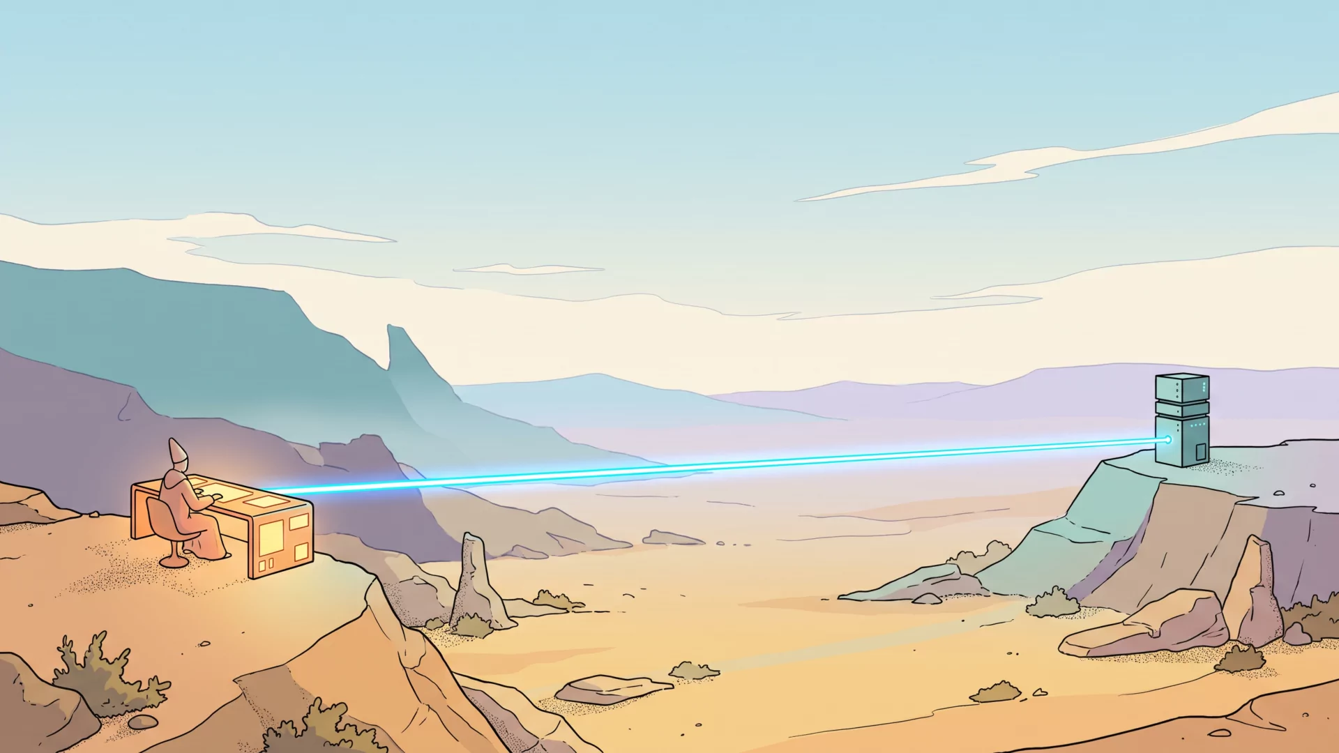 A wide desert valley split down the middle by a thin luminous filament of light, a small figure at a glowing desk on the near ridge and a lone server tower on the far ridge, in flat Sable-style linework