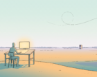 A lone figure at a drafting desk on a desert rise, a single server tower on the far horizon and a faint looping line curving back on itself in the pale sky, drawn in flat Sable-style linework