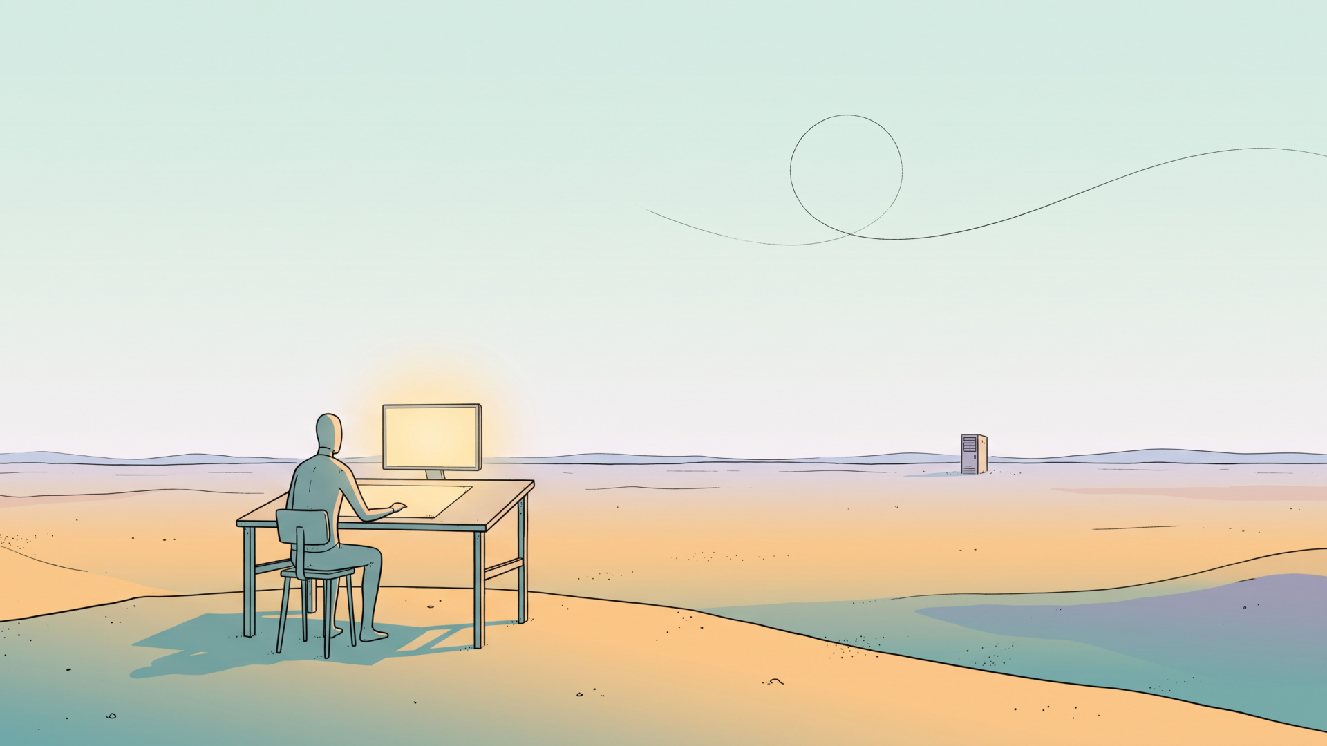 A lone figure at a drafting desk on a desert rise, a single server tower on the far horizon and a faint looping line curving back on itself in the pale sky, drawn in flat Sable-style linework
