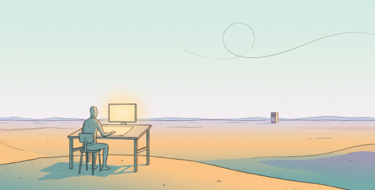 A lone figure at a drafting desk on a desert rise, a single server tower on the far horizon and a faint looping line curving back on itself in the pale sky, drawn in flat Sable-style linework