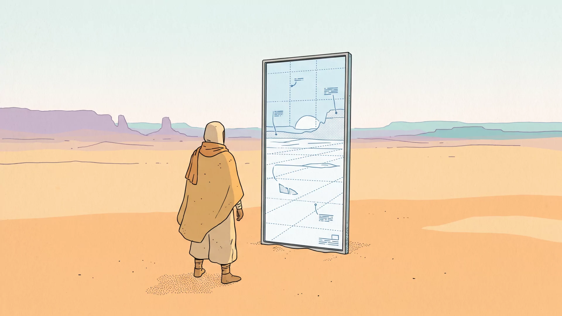 A small figure standing before a tall freestanding mirror in an empty ochre desert, the mirror showing a clean-line schematic blueprint of the same landscape instead of a reflection, in flat Sable-style linework