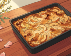 A golden, craggy apple rice casserole baked in a black rectangular pan on a sunlit wooden table, yellow branches and pink petals nearby, drawn in a Mœbius-style ligne claire illustration