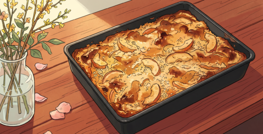 A golden, craggy apple rice casserole baked in a black rectangular pan on a sunlit wooden table, yellow branches and pink petals nearby, drawn in a Mœbius-style ligne claire illustration