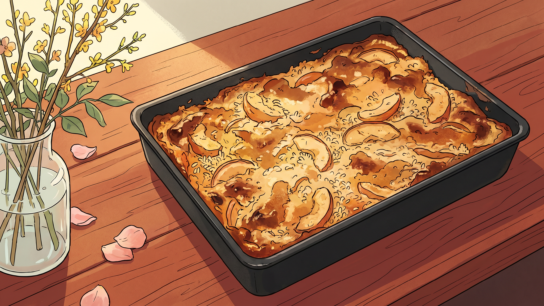 A golden, craggy apple rice casserole baked in a black rectangular pan on a sunlit wooden table, yellow branches and pink petals nearby, drawn in a Mœbius-style ligne claire illustration