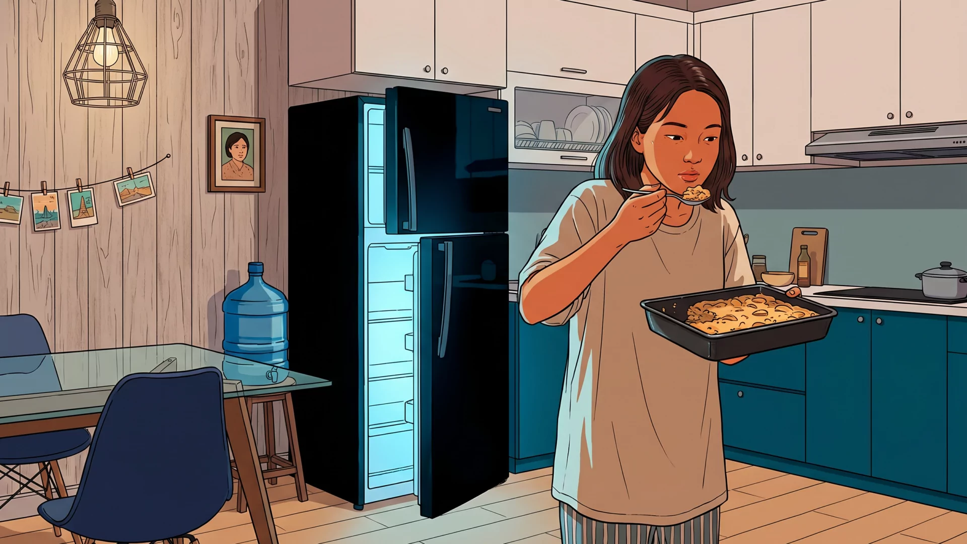 A young woman standing at an open black refrigerator at night, eating cold apple rice casserole straight from the pan, lit by the fridge glow, in a Mœbius-style illustration
