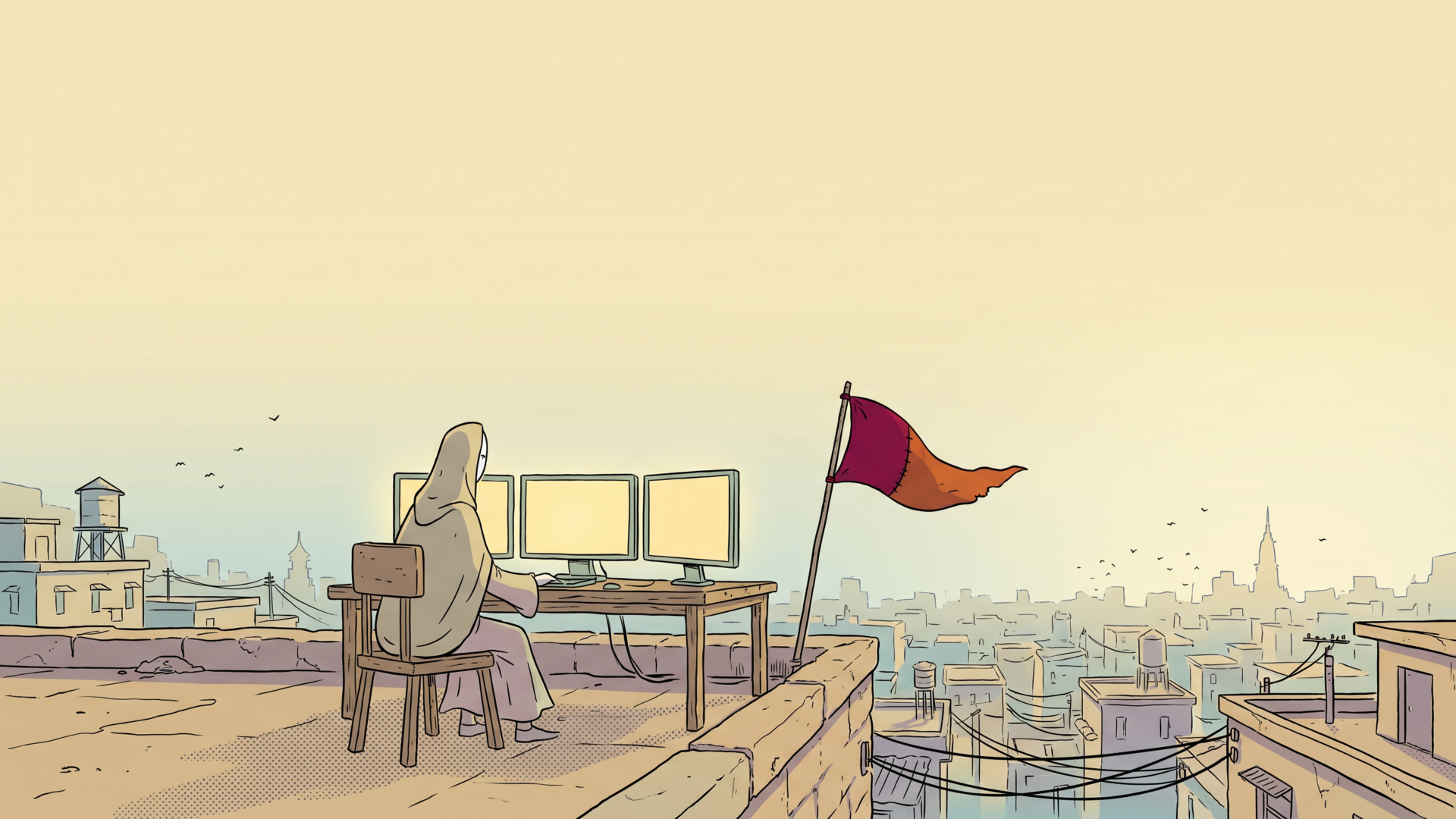 Illustration in the Sable / Mœbius style: a lone figure sits at a desk with three glowing screens on a rooftop high above a hazy sprawling city at golden hour, a small pennant flag planted beside them.
