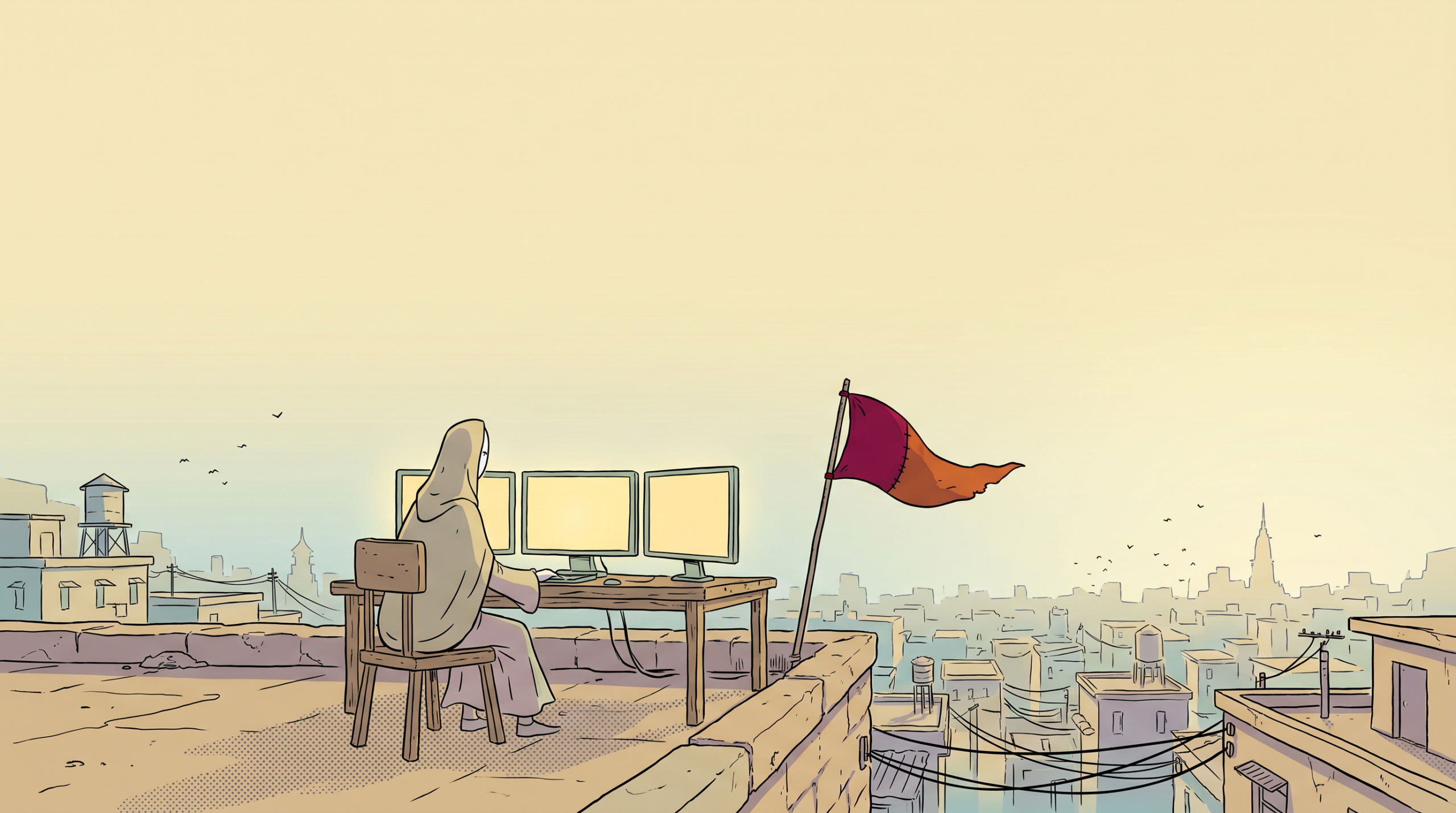 Illustration in the Sable / Mœbius style: a lone figure sits at a desk with three glowing screens on a rooftop high above a hazy sprawling city at golden hour, a small pennant flag planted beside them.