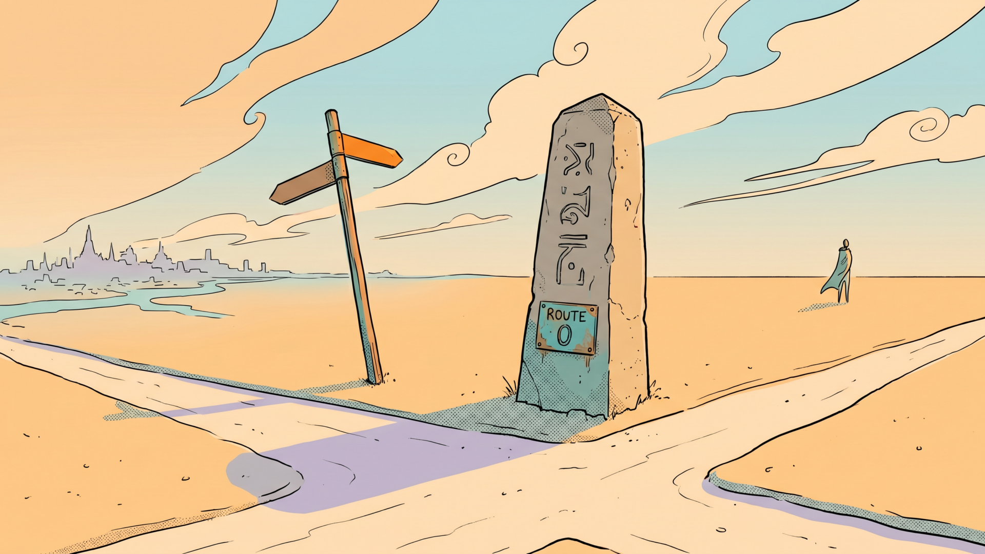 Illustration in the Sable / Mœbius style: a lone engraved stone boundary marker with a small nameplate stands at a quiet desert crossroads, a signpost pointing toward a hazy Southeast-Asian city skyline on the horizon.