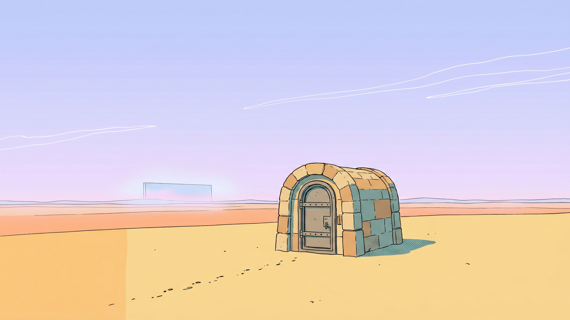 Illustration in the Sable / Mœbius style: a single closed stone vault stands alone on a vast empty desert plain, a faint line of footprints fading in the sand before reaching it, a distant server-like slab on the hazy horizon.
