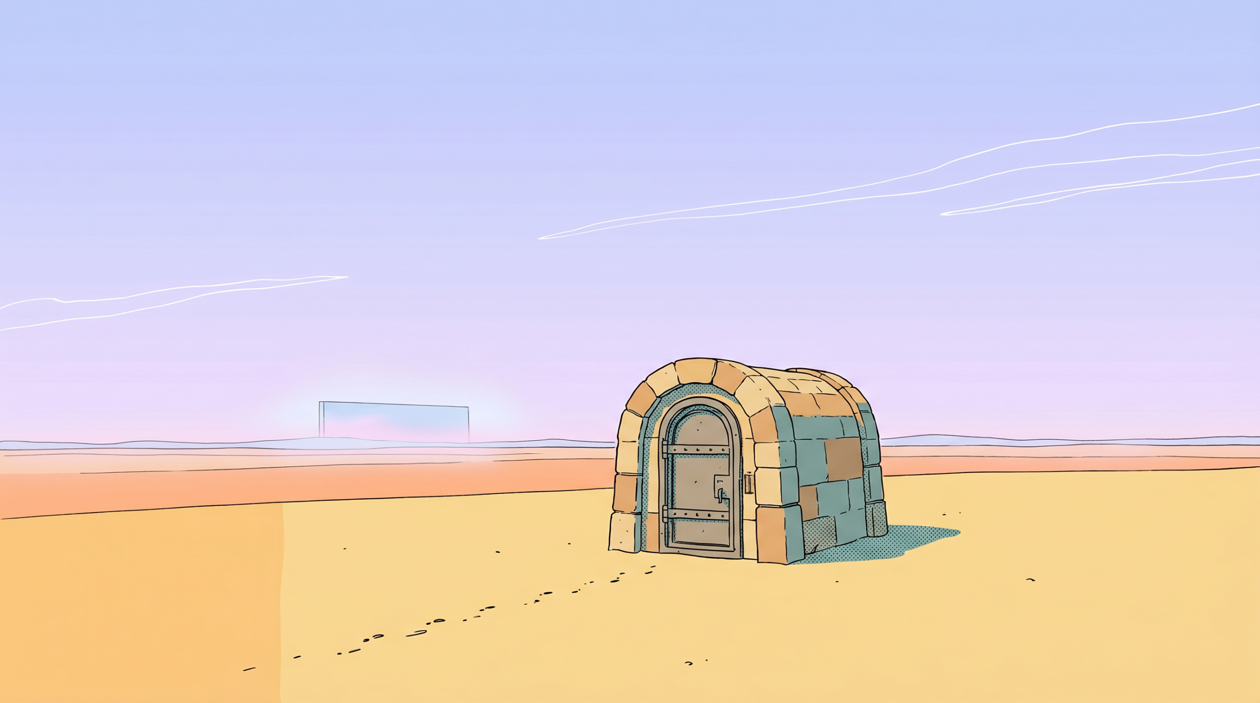 Illustration in the Sable / Mœbius style: a single closed stone vault stands alone on a vast empty desert plain, a faint line of footprints fading in the sand before reaching it, a distant server-like slab on the hazy horizon.