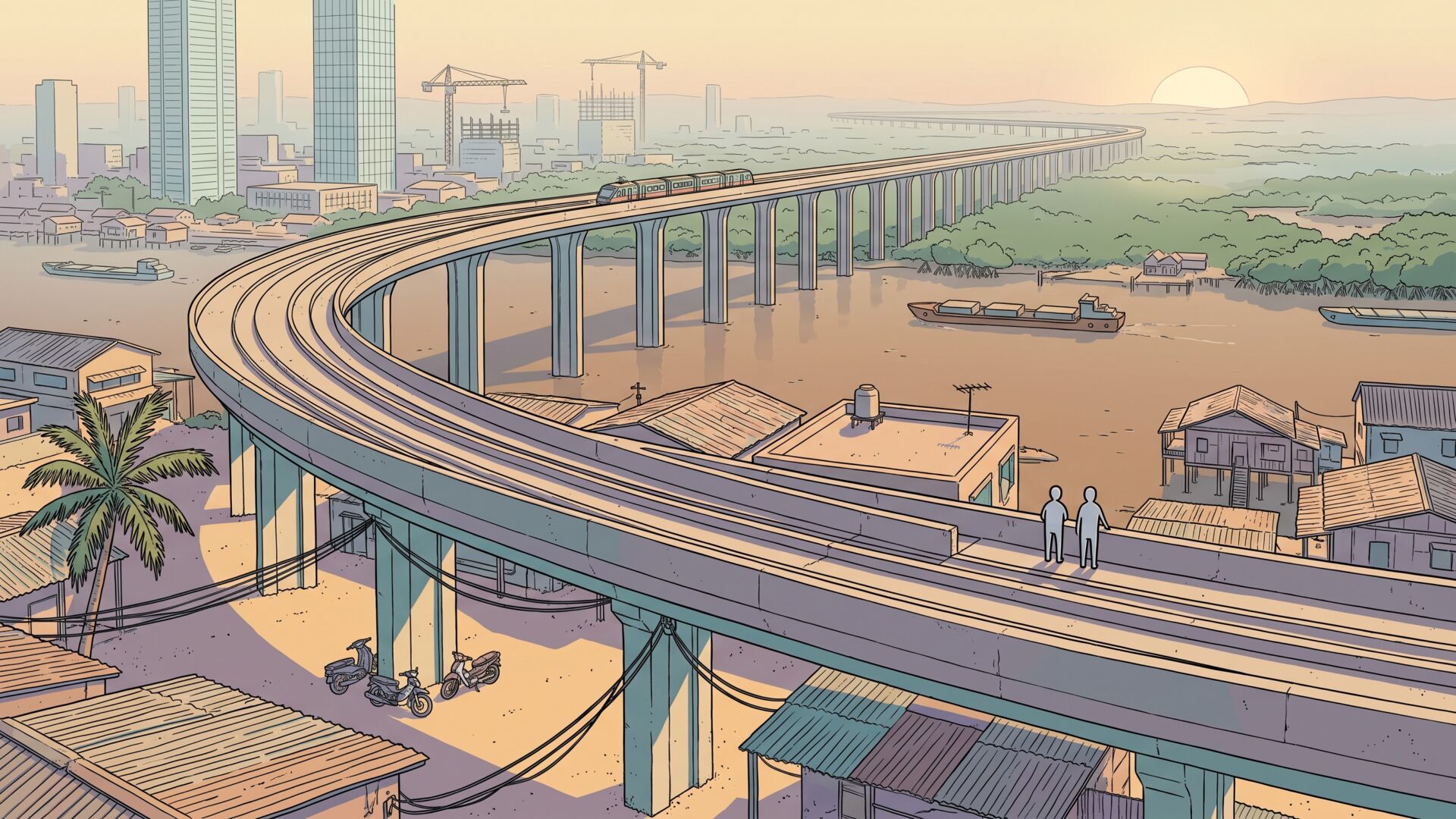 An elevated metro viaduct on slender piers curves across a flat delta city at dusk, crossing a wide river with barges below, low-rise tin roofs in the foreground and glass towers and construction cranes fading into haze behind