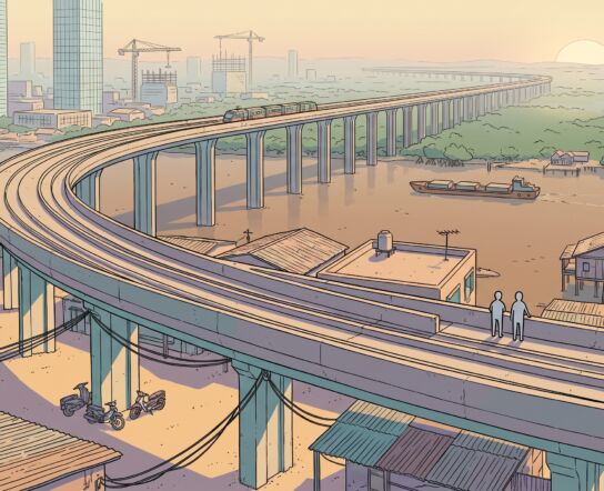 An elevated metro viaduct on slender piers curves across a flat delta city at dusk, crossing a wide river with barges below, low-rise tin roofs in the foreground and glass towers and construction cranes fading into haze behind