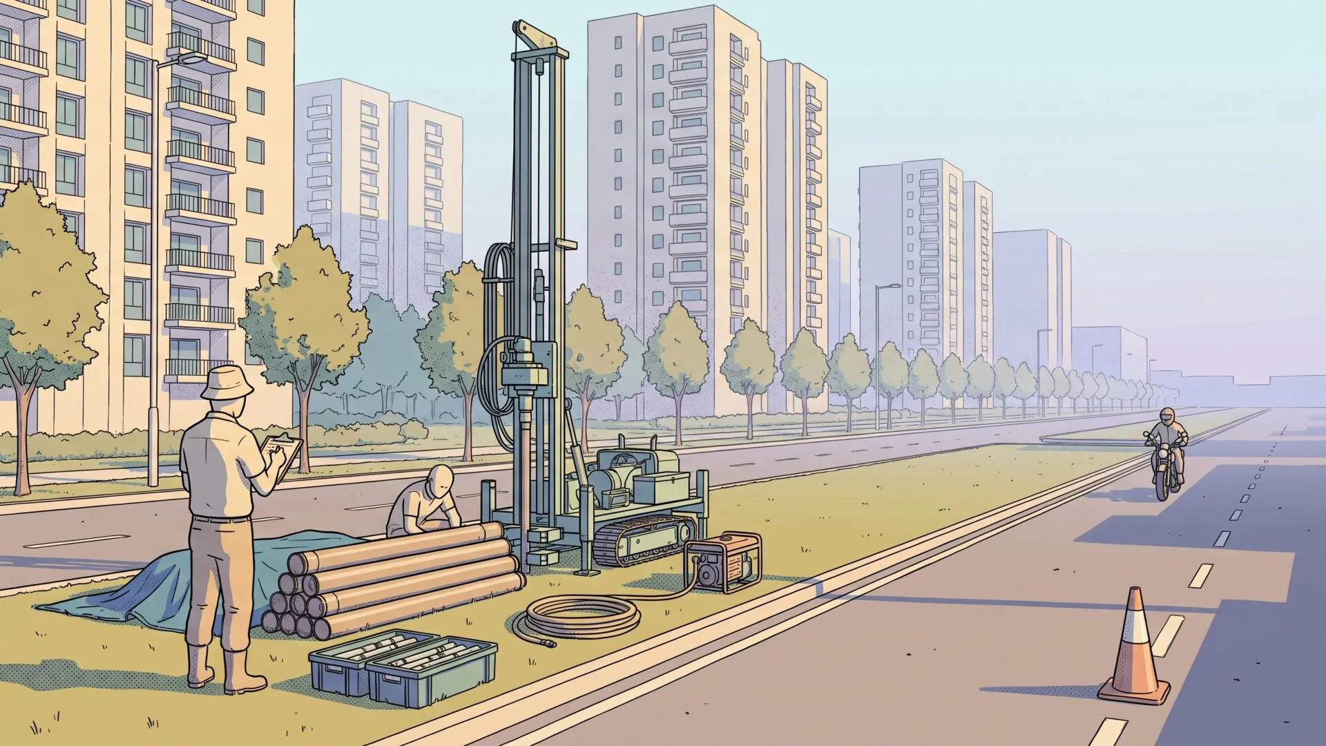 A geological survey drilling rig on the planted median of a wide residential boulevard in late afternoon, steel drill casing and core sample crates laid out beside it, two workers in the foreground and apartment towers receding into haze behind