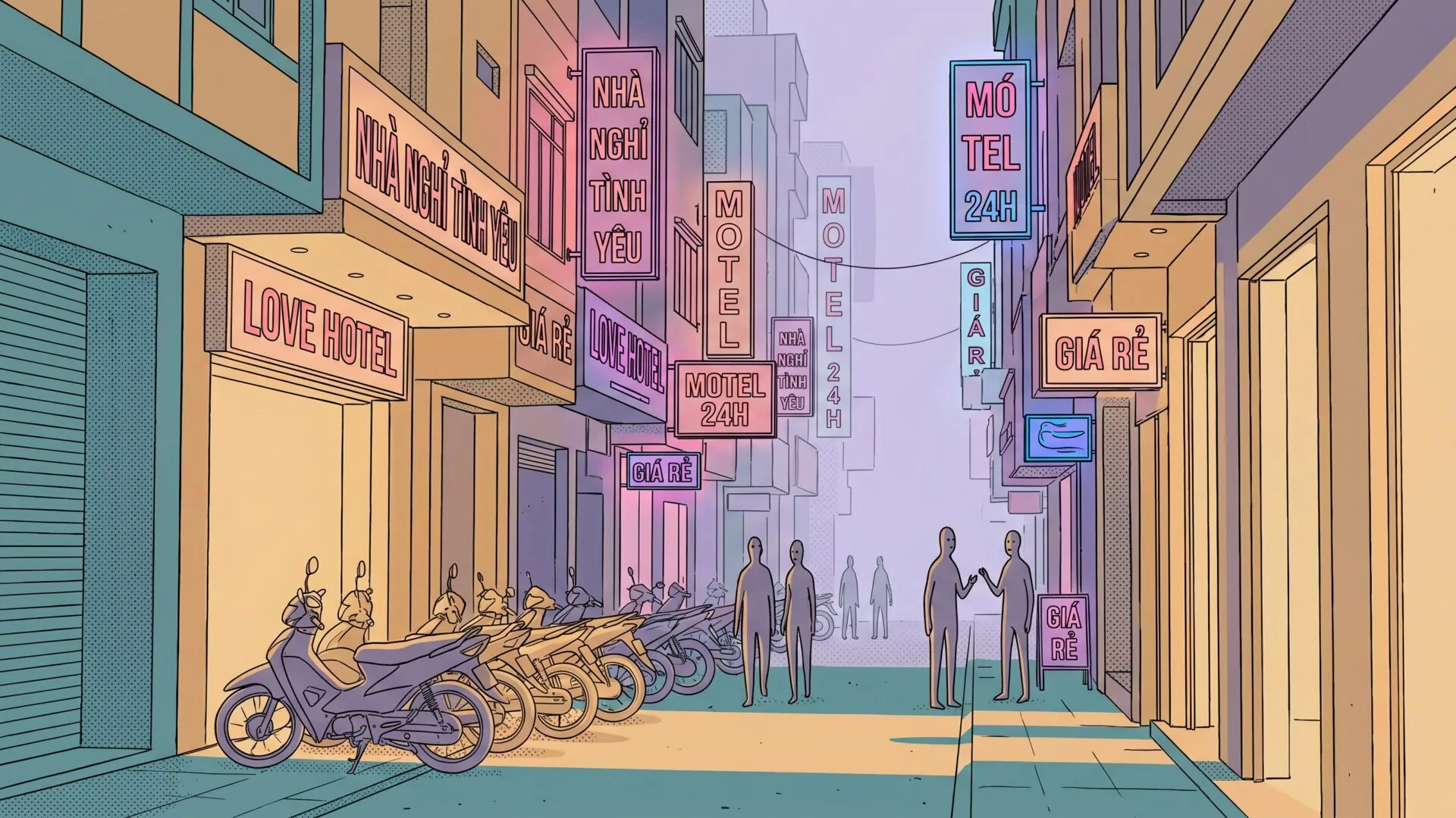A row of multi-storey love hotels glowing with neon signs along a narrow Sài Gòn street at night, motorbikes parked along the sidewalk