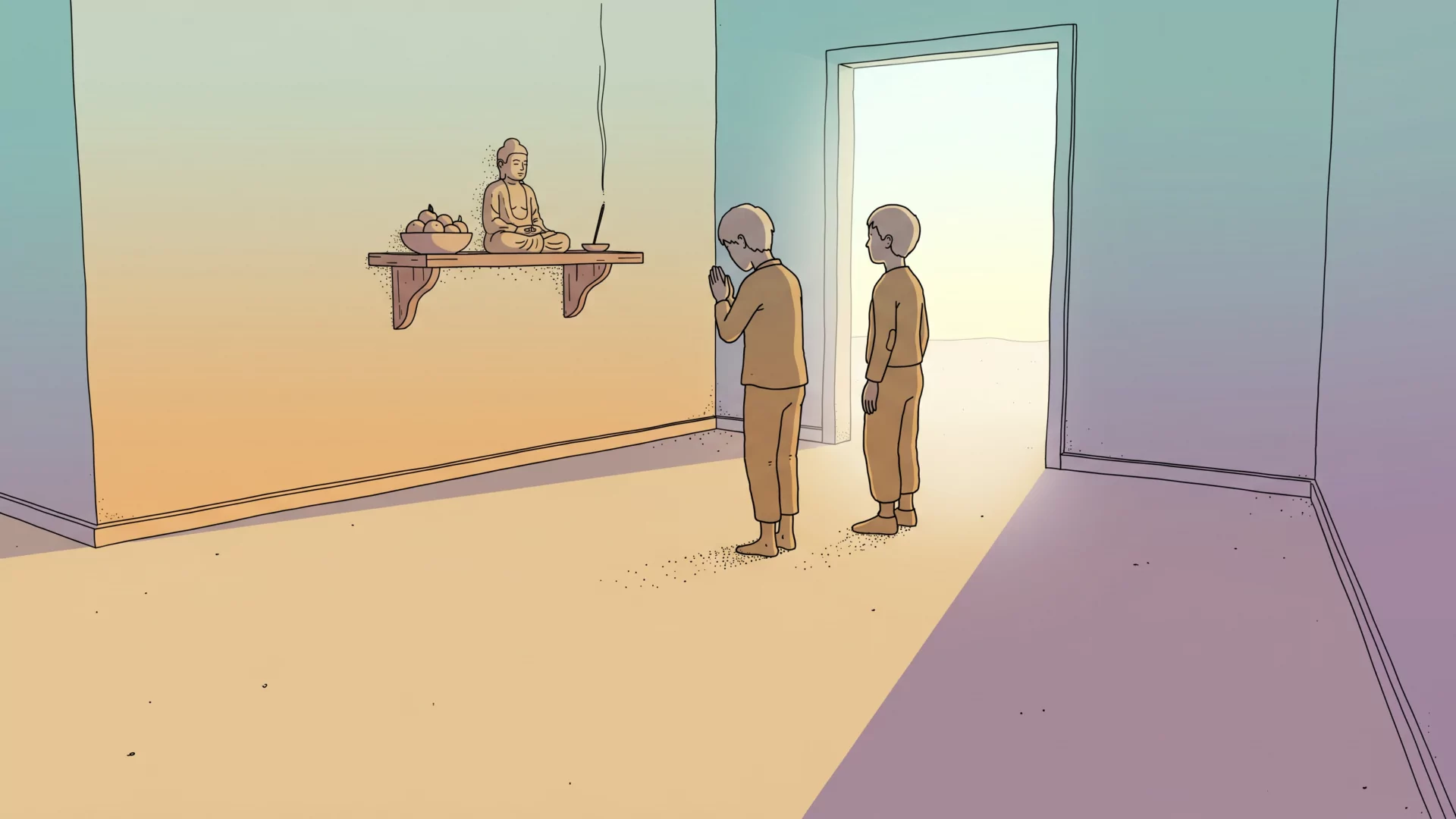 Two young figures seen from behind in a modest home, standing before a small household altar with a Buddha figure and a single incense stick, one with palms pressed together, the other watching from a step behind