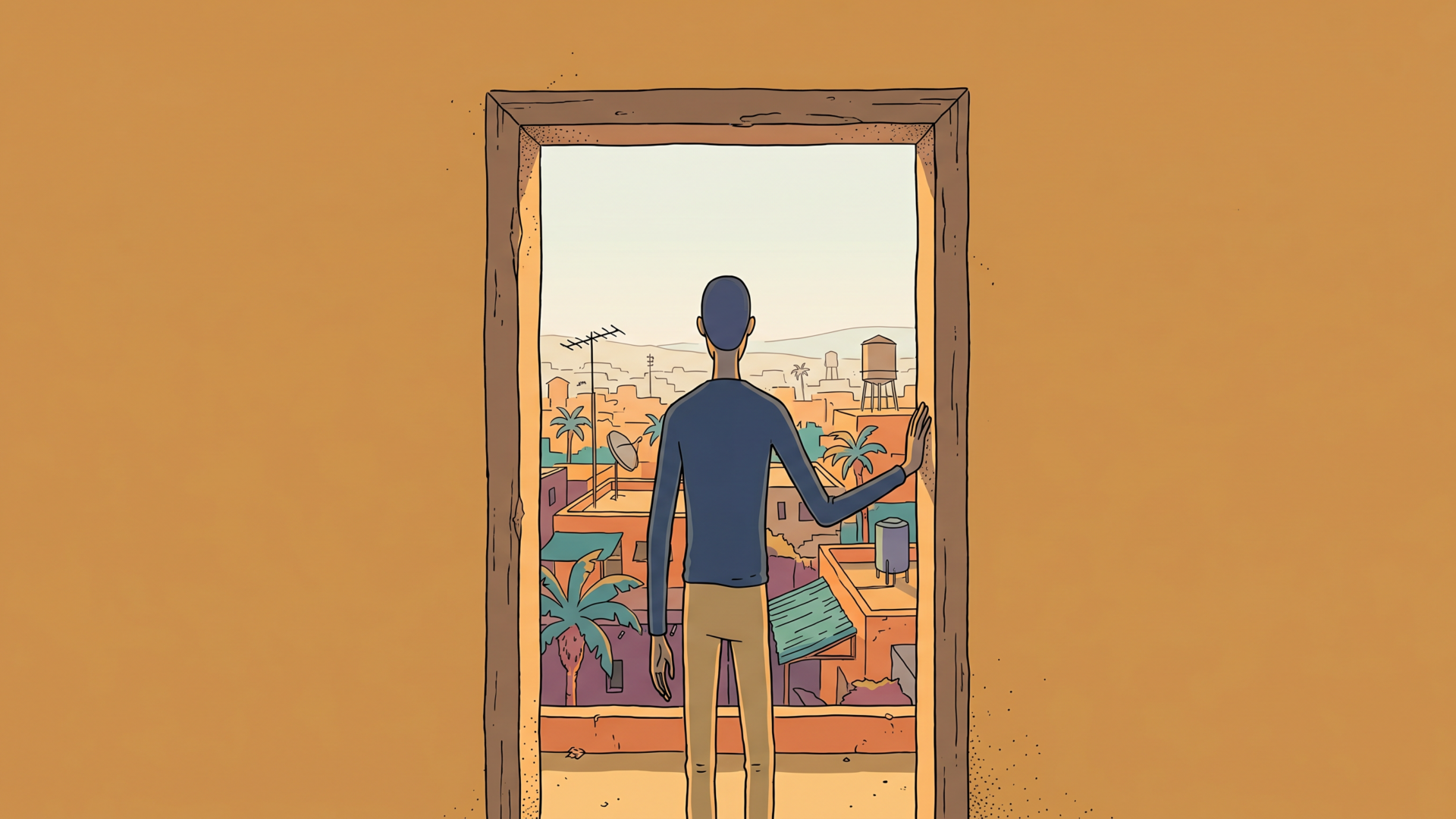 A lone figure stands from behind at a battered doorway set into a broad ochre wall, and through the open door lies not a room but a vast tropical city stretching to the horizon