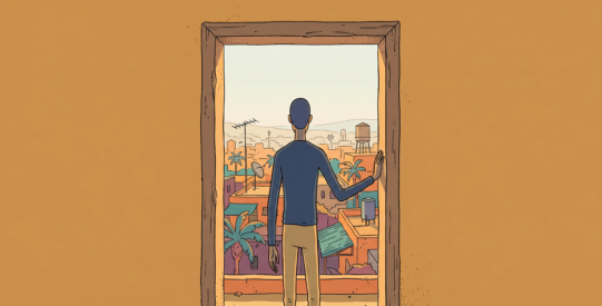 A lone figure stands from behind at a battered doorway set into a broad ochre wall, and through the open door lies not a room but a vast tropical city stretching to the horizon