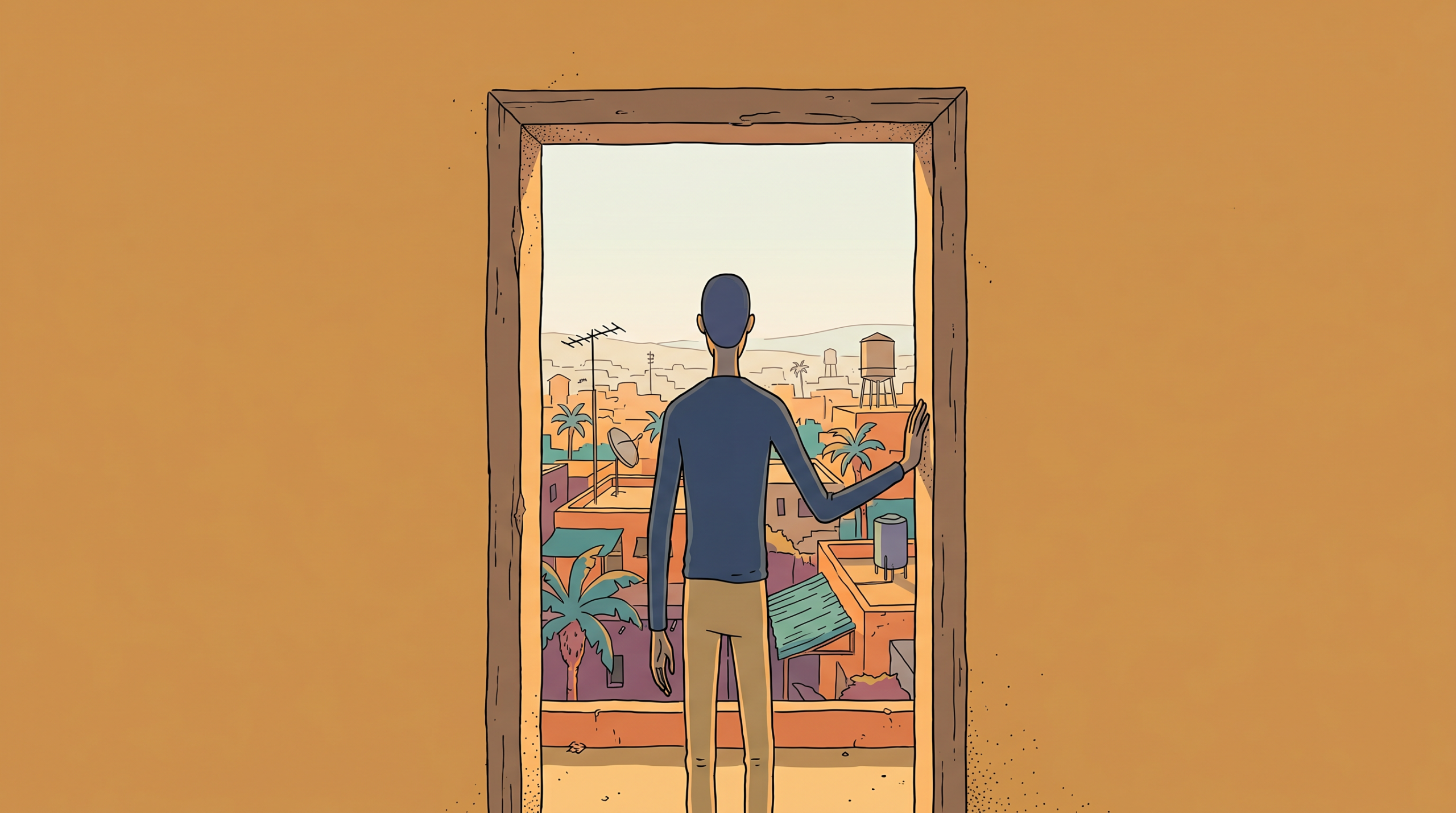 A lone figure stands from behind at a battered doorway set into a broad ochre wall, and through the open door lies not a room but a vast tropical city stretching to the horizon