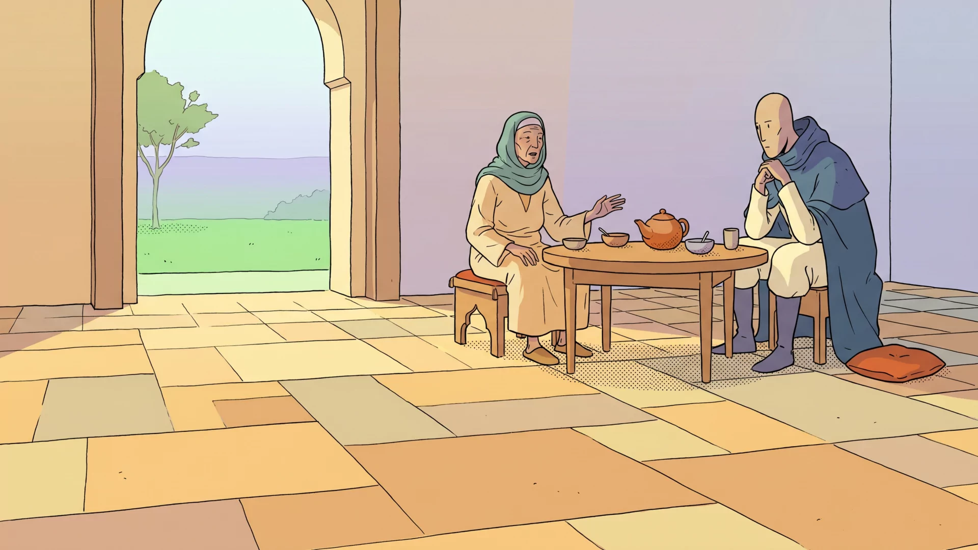 An elderly woman speaks across a low table with a teapot between them while a taller foreign man leans forward listening, an open doorway behind them showing a bright green yard