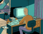 A teenage bedroom at night, a beige tower PC with its CD tray open holding a blank disc, a spindle of blank discs and a marker pen on the desk, a figure seen from behind lit by the glow of a CRT monitor