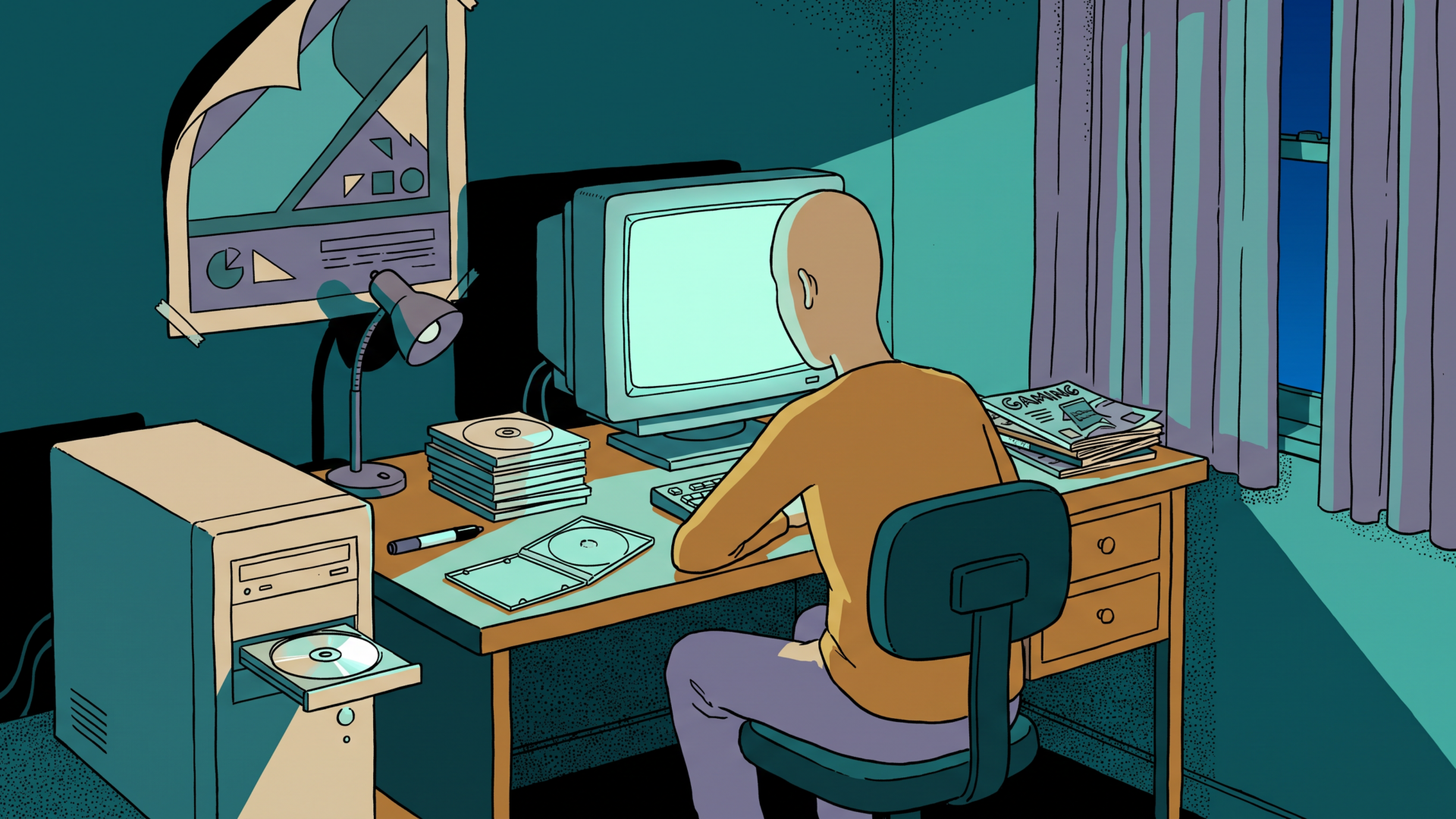 A teenage bedroom at night, a beige tower PC with its CD tray open holding a blank disc, a spindle of blank discs and a marker pen on the desk, a figure seen from behind lit by the glow of a CRT monitor