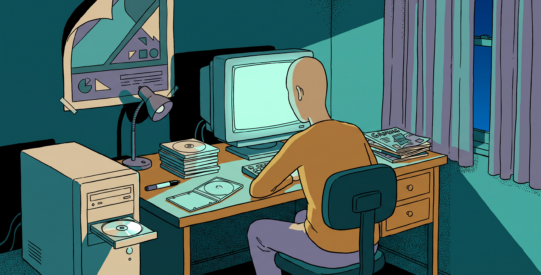 A teenage bedroom at night, a beige tower PC with its CD tray open holding a blank disc, a spindle of blank discs and a marker pen on the desk, a figure seen from behind lit by the glow of a CRT monitor