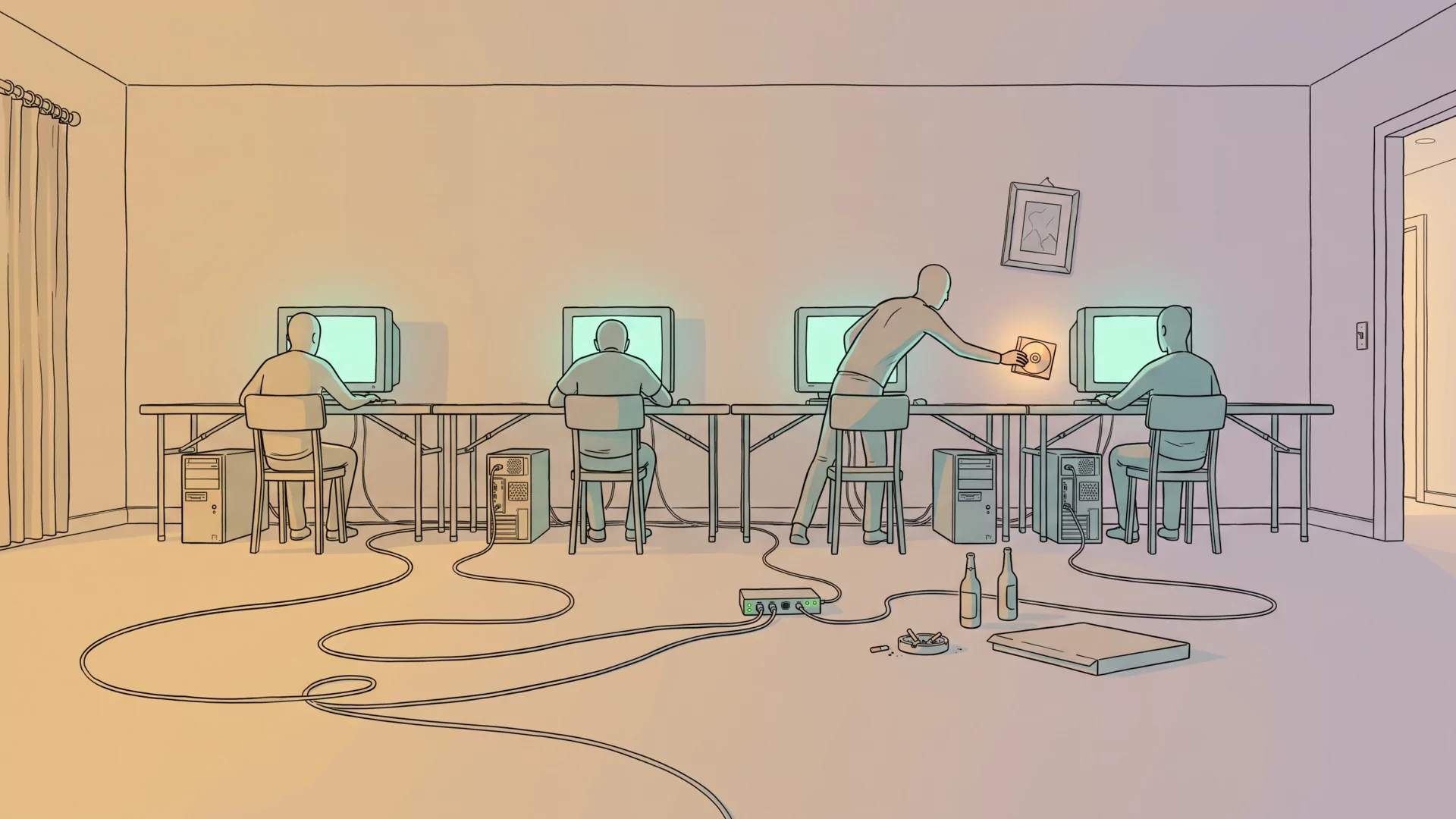 A LAN party in a bare living room seen head-on, six tower PCs and glowing CRT monitors in a row on folding tables, ethernet cables looping across the empty carpet, one figure leaning across to pass a jewel case down the line