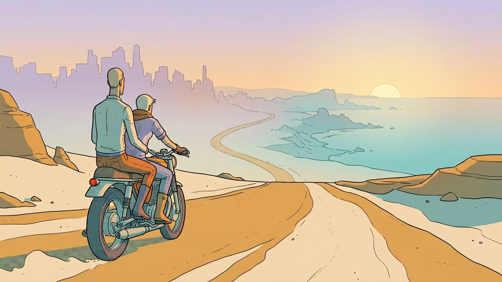 Two figures on a motorbike ride away from behind down an empty coastal road toward a distant shoreline at golden hour