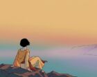 A lone androgynous figure sits from behind on dark coastal rocks at dusk, facing an empty sea as if singing out over the water
