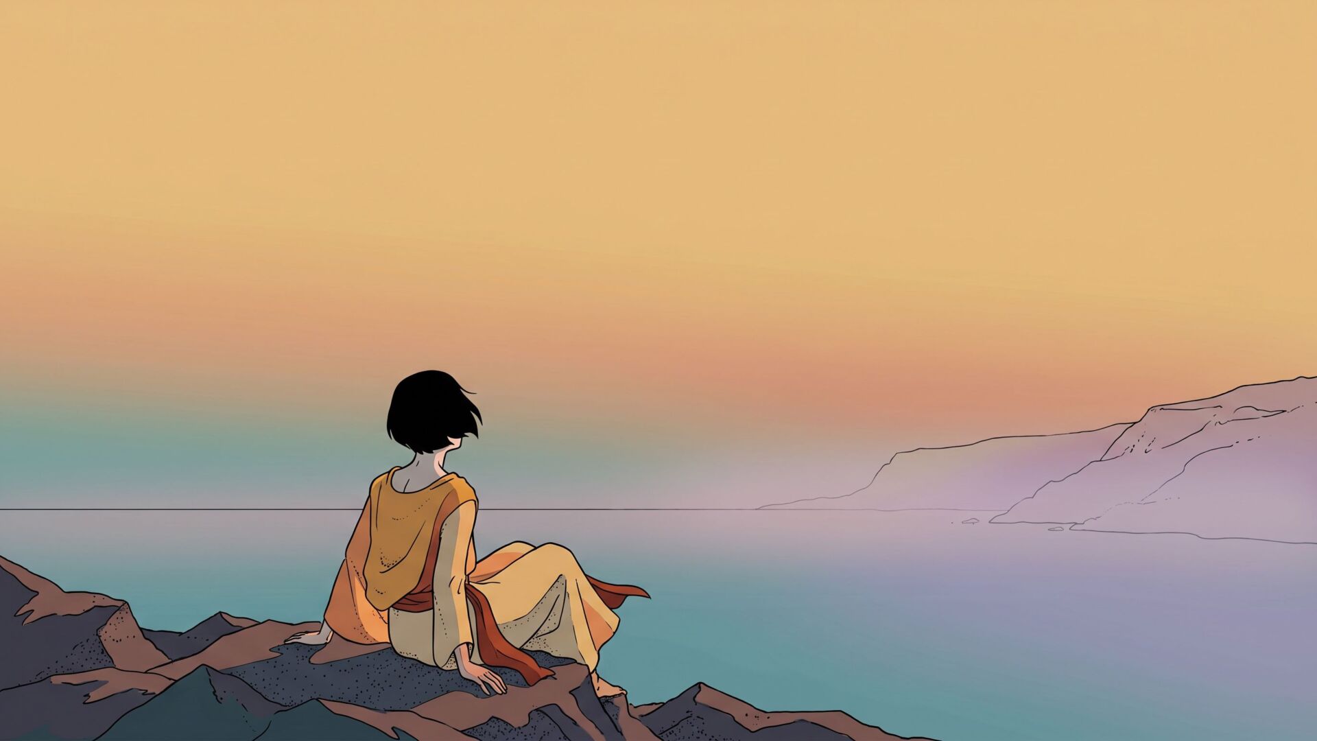 A lone androgynous figure sits from behind on dark coastal rocks at dusk, facing an empty sea as if singing out over the water