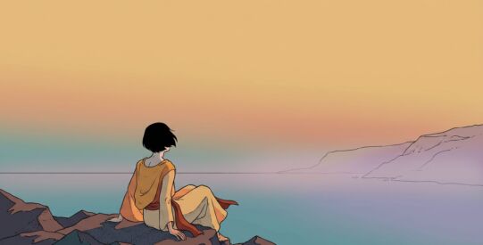 A lone androgynous figure sits from behind on dark coastal rocks at dusk, facing an empty sea as if singing out over the water