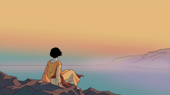 A lone androgynous figure sits from behind on dark coastal rocks at dusk, facing an empty sea as if singing out over the water