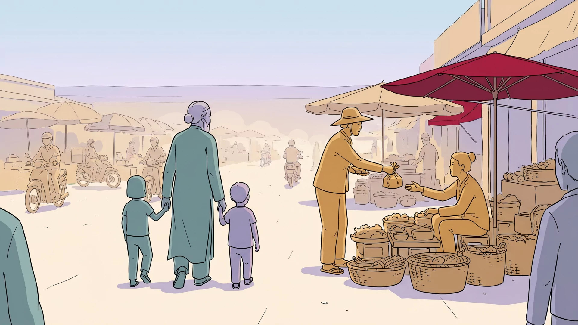 A street-market vendor hands a parcel to a seated customer while figures of different ages and heights pass by, seen from behind