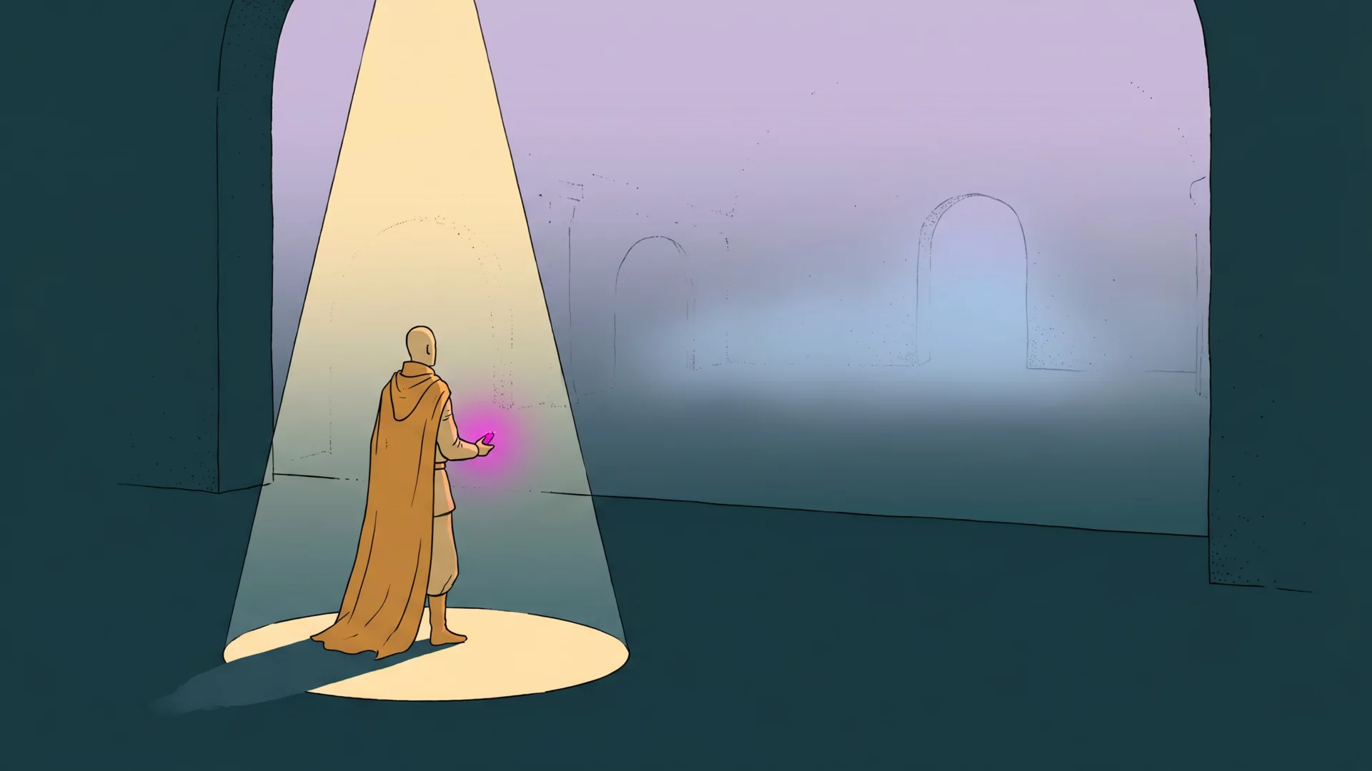 A lone figure stands from behind inside a single cone of stage light on an otherwise dark theatre stage