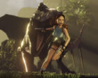 A rendering of Lara Croft running away from a T-Rex toward the camera, pistols in hand.