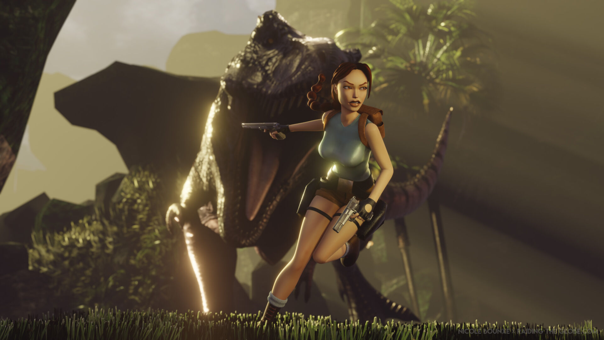 A rendering of Lara Croft running away from a T-Rex toward the camera, pistols in hand.