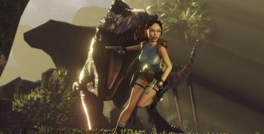 A rendering of Lara Croft running away from a T-Rex toward the camera, pistols in hand.