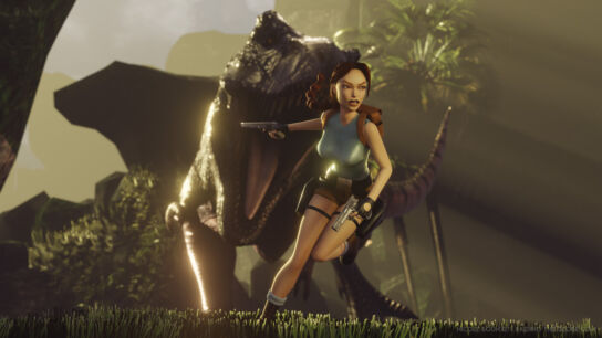 A rendering of Lara Croft running away from a T-Rex toward the camera, pistols in hand.