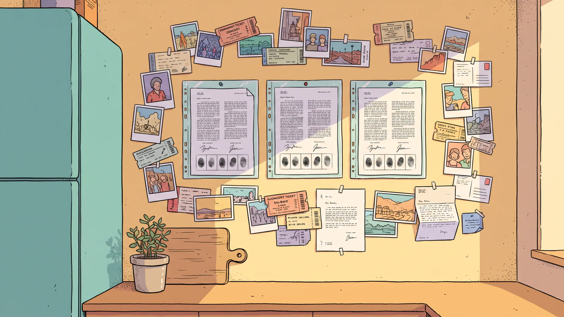 A kitchen wall beside a fridge, with three printed contract pages sealed in a plastic sleeve pinned at the center and surrounded by taped-up photos, tickets, postcards and letters