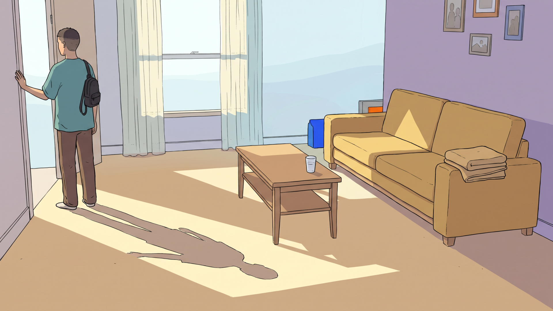 A young man stands in the doorway of a quiet apartment living room in early morning light, seen from behind with a backpack on one shoulder, looking back at a couch with a blanket folded into a square on the armrest