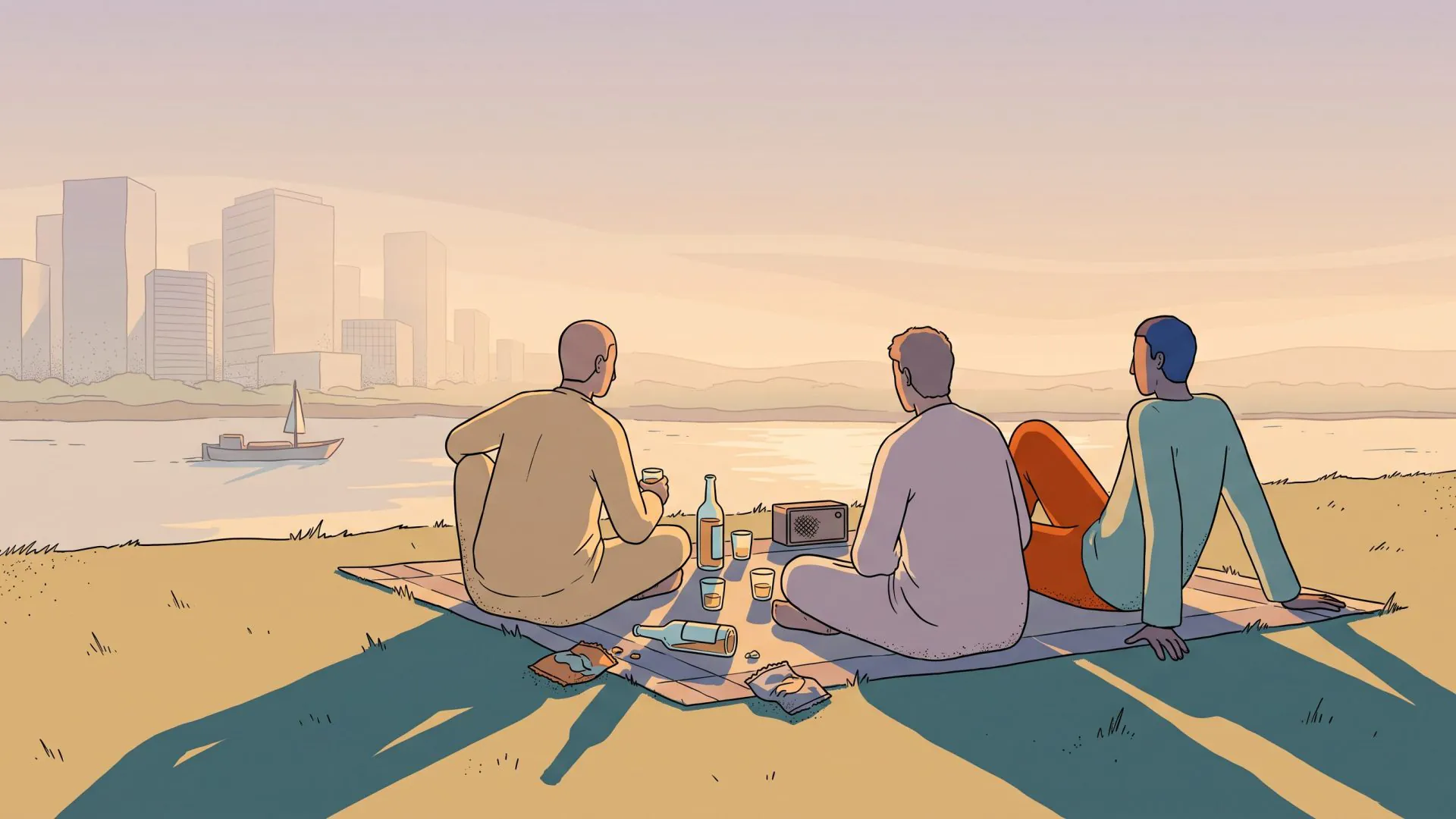 Three figures seen from behind sitting close together on a blanket on a grassy riverbank at sunset, with bottles and glasses between them and a hazy skyline of office towers on the far bank
