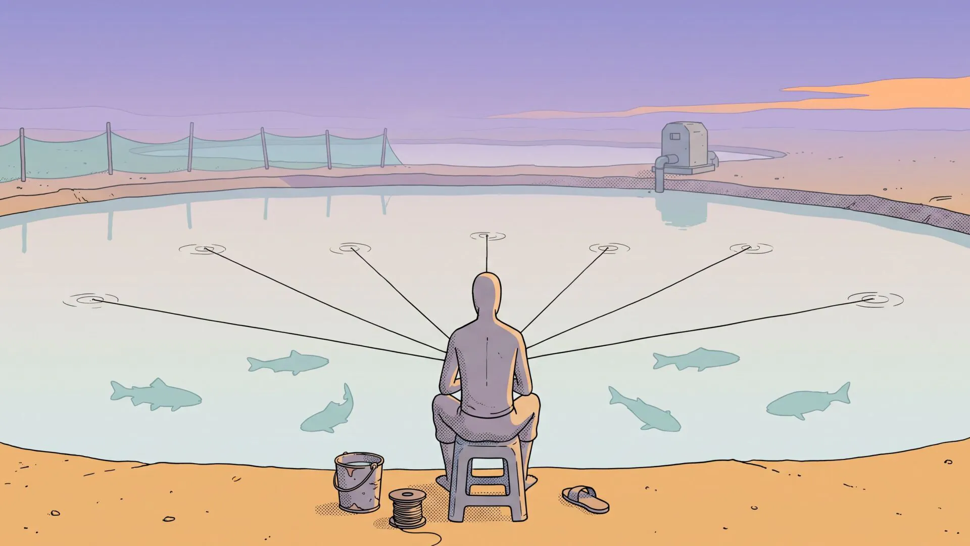 A lone figure sits on a low stool at the edge of a still fish pond at dusk, seven fishing lines fanning out across the water, pale fish drifting apart beneath the surface, drawn in flat ligne claire style.