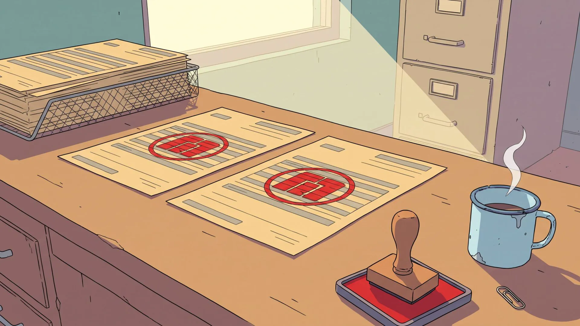 An overhead view of a government clerk's desk with two identical blank official forms side by side, each pressed with a large round red ink stamp, a stamp handle and ink pad in the foreground, drawn in flat ligne claire style.