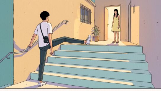 A young Vietnamese man in a white t-shirt and jeans, seen from behind at the foot of a steep pale blue staircase, taking an impossibly long stride that clears four blank steps at once, while a young woman in a yellow dress waits at the top beside a lit doorway, drawn in flat ligne claire style.