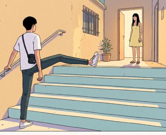 A young Vietnamese man in a white t-shirt and jeans, seen from behind at the foot of a steep pale blue staircase, taking an impossibly long stride that clears four blank steps at once, while a young woman in a yellow dress waits at the top beside a lit doorway, drawn in flat ligne claire style.