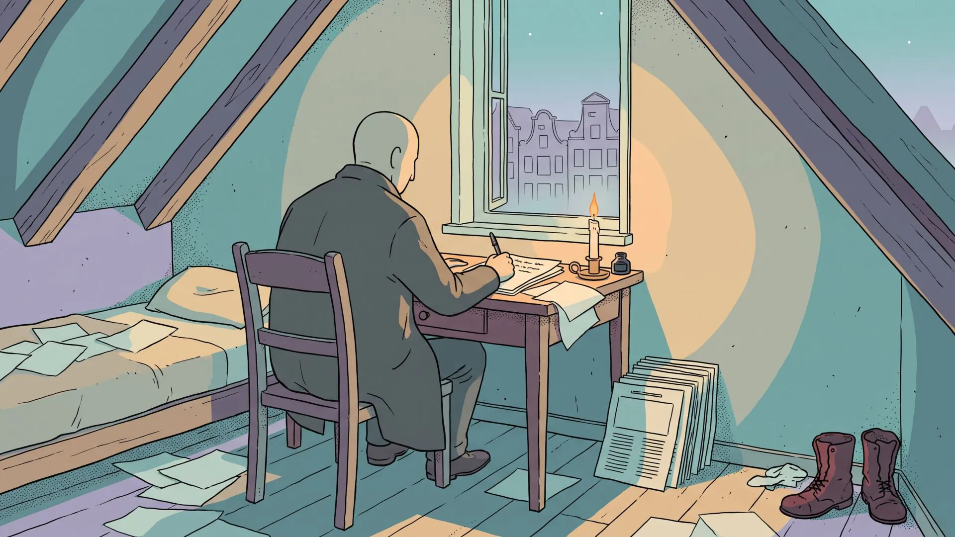 A cramped attic room at night, a lone figure writing by candlelight at a small desk buried in loose paper, with Amsterdam canal-house gables visible through the window