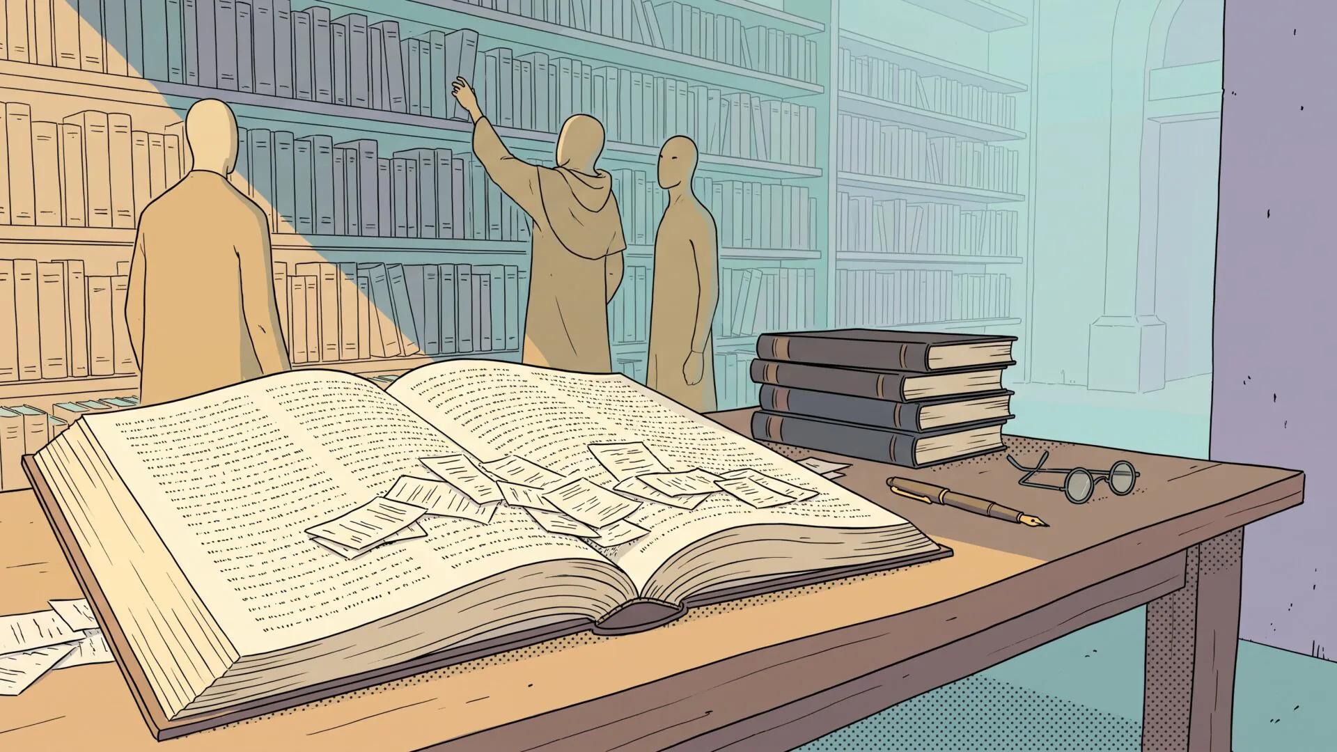 An enormous open dictionary on a worktable surrounded by hundreds of small paper slips, with two figures at a shelf of identical bound volumes receding into the distance behind them